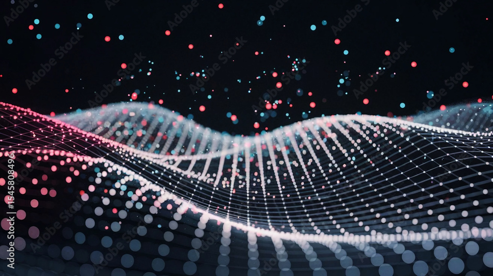 Poster Abstract Network Mesh with Red and Blue Particle Data Points