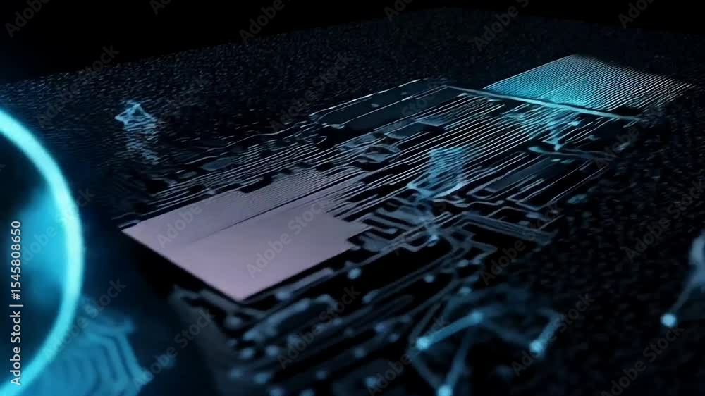 Poster a glowing blue digital globe sits atop a computer microchip on a dark circuit board, representing gl