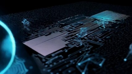 A glowing blue digital globe sits atop a computer microchip on a dark circuit board, representing global technology and networks - Powered by Adobe