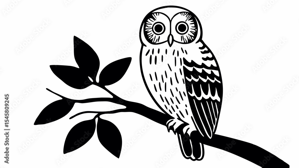 Poster illustration of an owl perched on a branch with leaves in black and white vector format design image