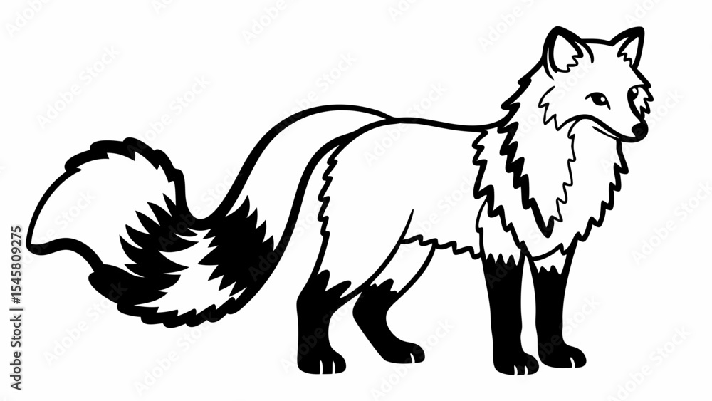 Poster a black and white line drawing of a fox with a bushy tail standing on all fours in profile view crea