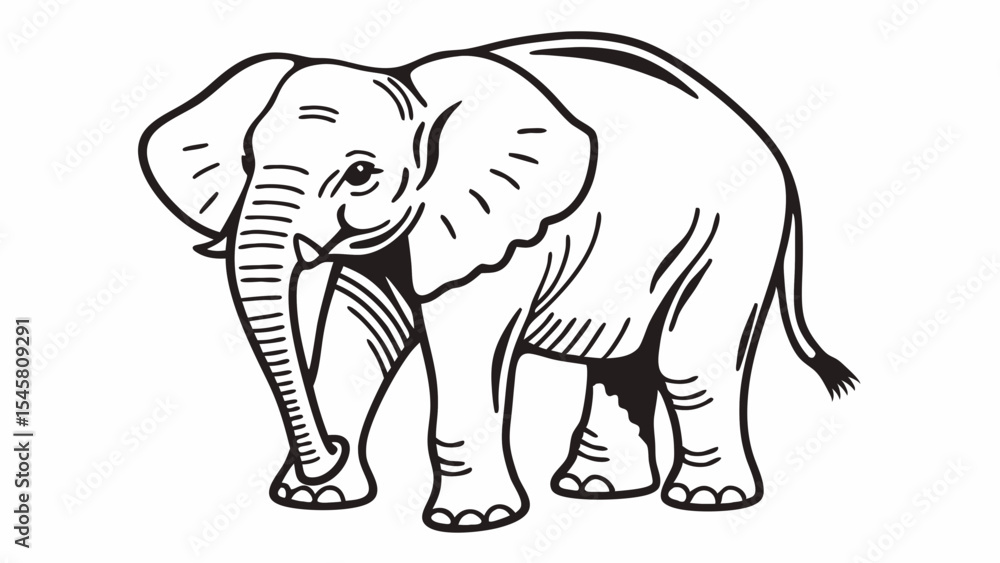 Poster illustration of an elephant with large ears and a trunk in black and white outline style drawing cre