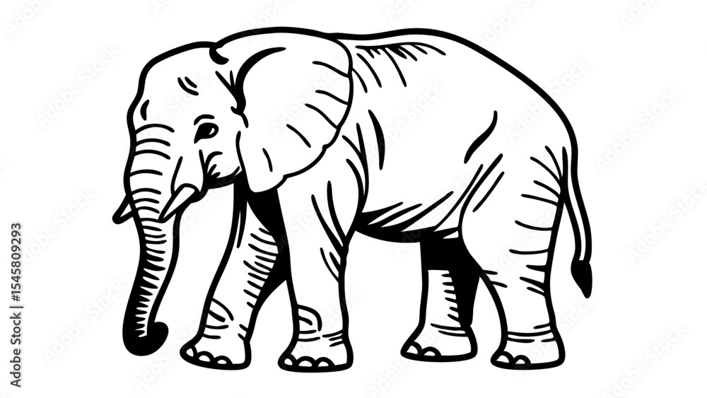 Poster illustration of a large african elephant walking with detailed line work on white background design 