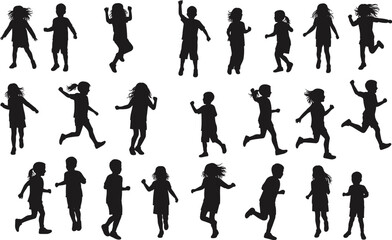 Children silhouette collection, playful movement poses, running jumping dancing, active kids vector, fun childhood moments, black graphic artwork, energetic youth design, outdoor motion scene