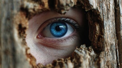 Close up of a Blue Eye Peeking Through a Decaying Wooden Hole Mysterious Gaze