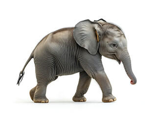 Obraz premium A young elephant calf walks gracefully across a bright white background, showcasing its features.