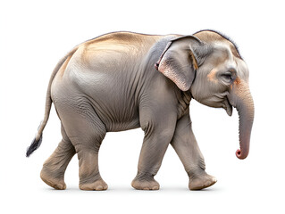 Obraz premium An Asian elephant walks from left to right, its trunk slightly raised, against a stark white background.