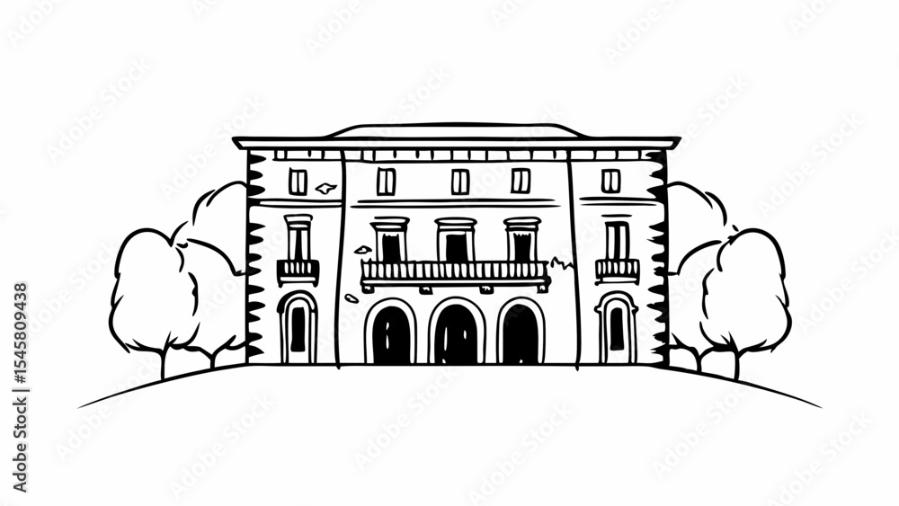 Poster illustration of a two story building with arches and trees in a black and white drawing style create