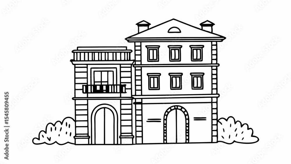 Poster illustration of a two story building with arched doorways and shrubbery on either side in black and 