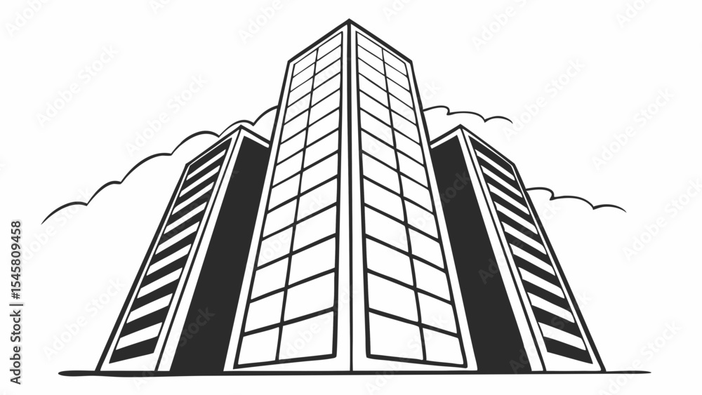 Aufkleber perspective view of three high rise buildings with windows and clouds in black and white style creat