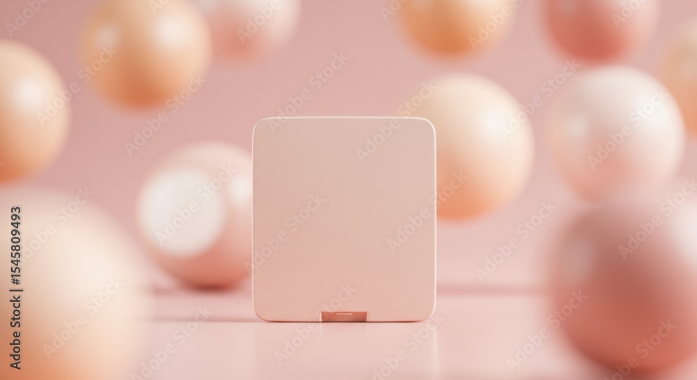 Poster Minimalist Compact Square Mirror Surrounded by Soft Pink Spheres in Studio Setting