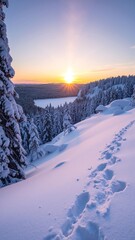 A serene snowy landscape blanketed in fresh white snow, featuring distinct footprints leading through the glistening drifts under a clear blue sky.