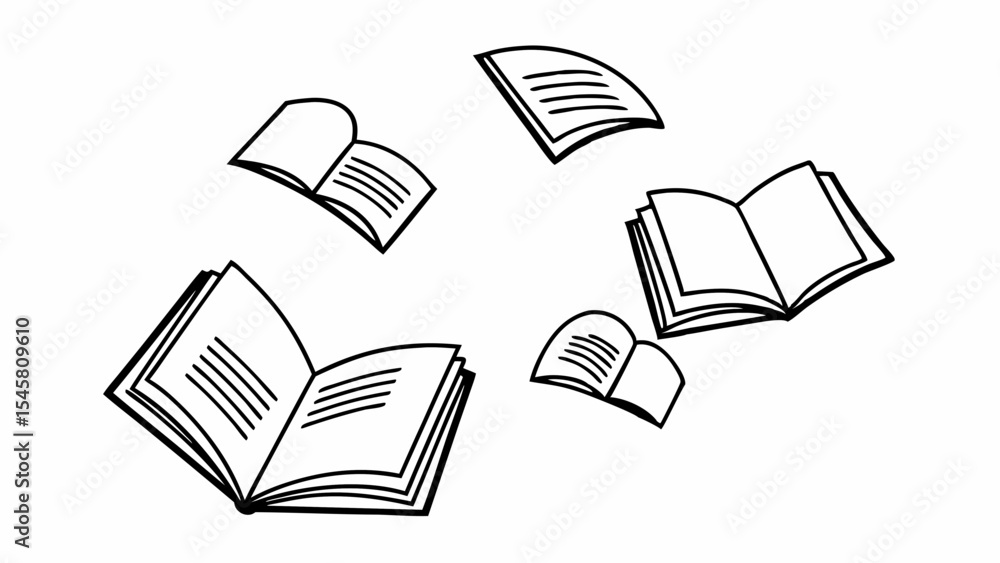 Aufkleber illustration of several open books with blank pages floating in a scattered arrangement on white bac