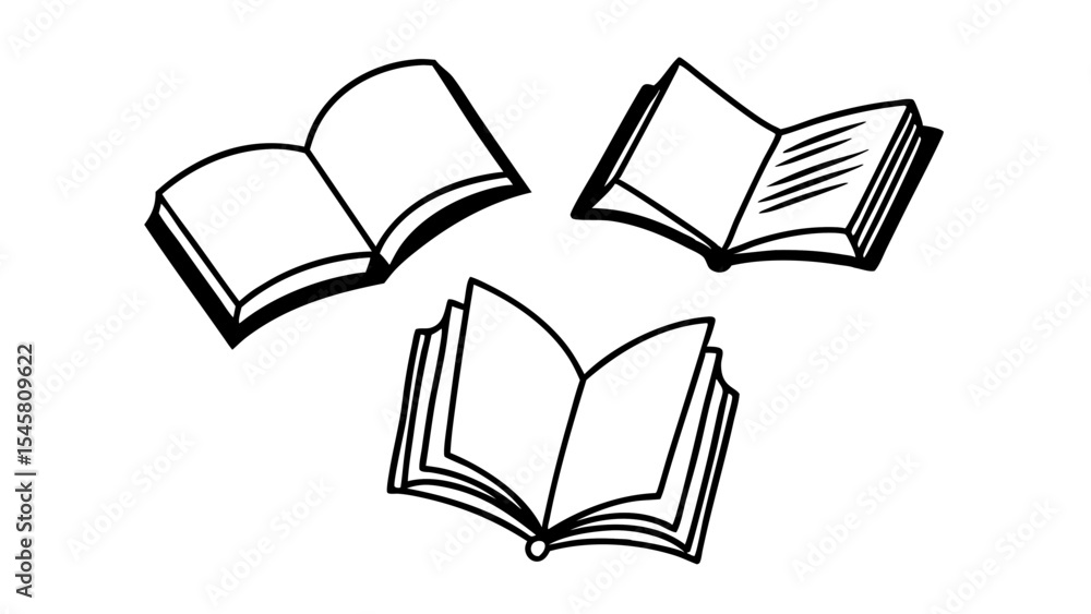 Aufkleber three open books with blank pages displayed in a simple black and white line drawing illustration cr