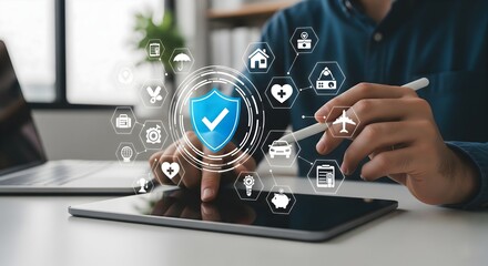 Protecting digital information: an image depicting internet security, data privacy, and a secure network environment with a laptop user.
