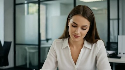A smiling businesswoman sits at her desk in a modern office, writing in a notebook - Powered by Adobe