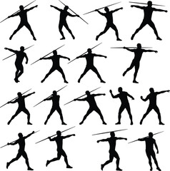 Javelin throw silhouette, athletic sports vector, dynamic athlete pose, black action figure, strength and motion artwork, Olympic training illustration, fitness competition design concept