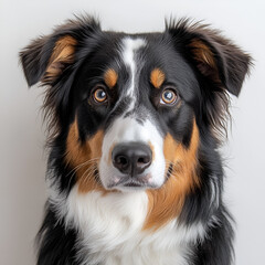 Portrait of a beautiful tri-color Australian Shepherd dog with striking amber eyes, looking directly at the camera against a plain background.