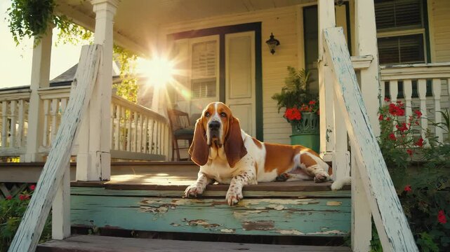 Basset hound relaxes on porch during sunset at a charming country house