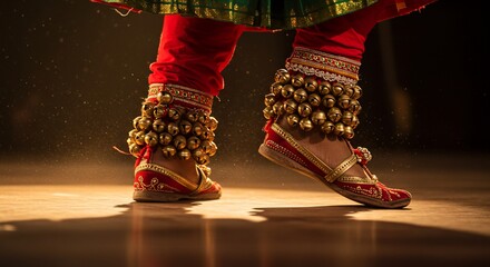 Dancer's feet adorned with ghungroo bells performing classical Indian dance