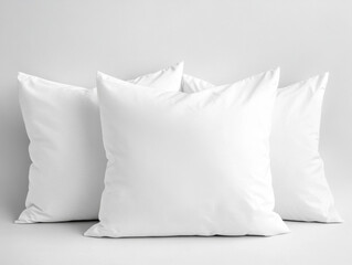 Three soft white pillows are displayed against a textured white background creating a simple scene that suggests comfort and relaxation for rest or home decoration.