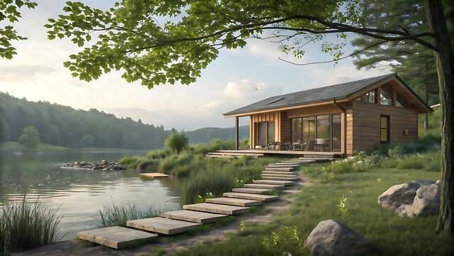 Modern lakeside cabin with wooden steps and deck