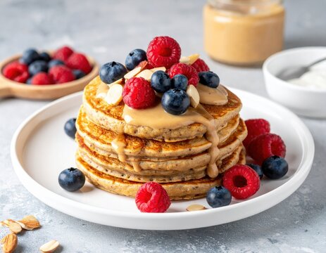 Stack of pancakes with berries and sauce are on the plate, it is a tasty and healthy breakfast or dessert for you with fresh fruits for the morning meal.