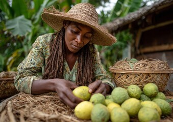 Woman Farmer Harvesting Green And Yellow Fruit Outdoors