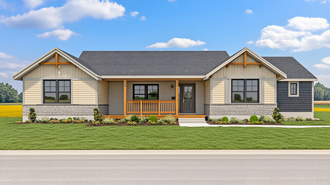 A modern, single-story house with a gray roof, light beige siding, and a wooden porch stands on a green lawn under a blue sky with scattered clouds.