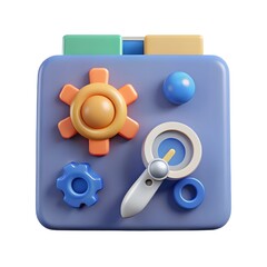 Colorful 3d render of app settings interface with gears