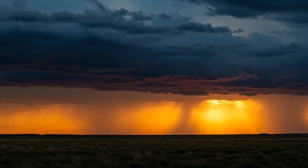 Obraz premium Dramatic sunset over prairie with dark storm clouds and golden rain shafts