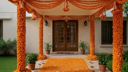 Marigold flower garlands and petals adorn the entrance of a house, creating a festive and vibrant atmosphere - Powered by Adobe
