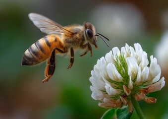 Honeybee in Flight Approaching White Clover Flower