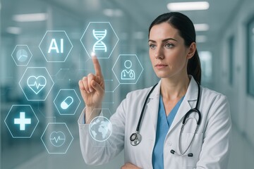 Artificial intelligence powers personalized medicine through genomics. A female doctor in a hospital corridor interacts with futuristic medical icons, highlighting AI and DNA technology in healthcare.