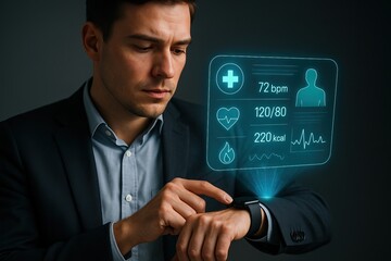 Artificial intelligence powers personalized medicine through genomics. A man in a suit monitors his health data on a smartwatch projecting vital signs and fitness metrics