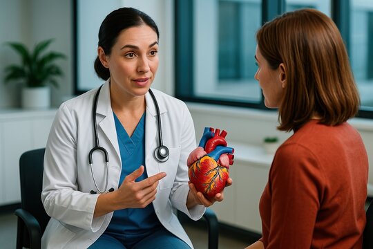 Artificial intelligence powers personalized medicine through genomics. A female doctor explains heart anatomy using a heart model to a patient during a medical consultation in a clinical setting.