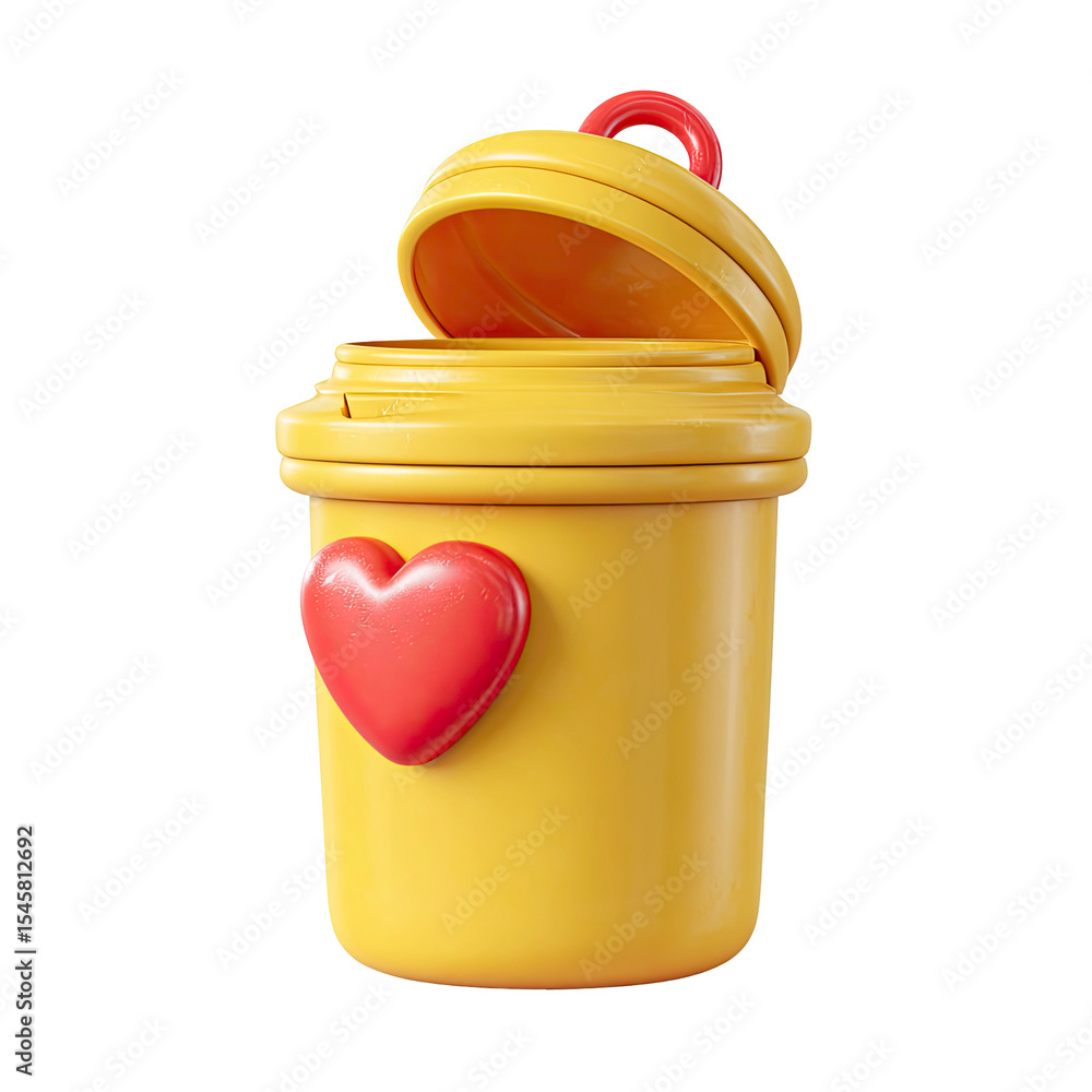 Poster yellow container with red heart and open lid on transparent background