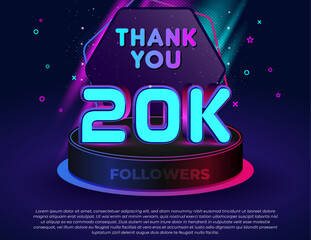 Thank you! 20K followers celebration banner with neon glow 3D text effect, colorful lights, modern podium stage, and editable vector design for social media milestones.