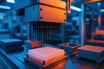 Bioinformatics advances genomics for personalized medicine solutions. Lab machine performing automated liquid handling with pipettes for sample testing in a scientific or medical research setting.