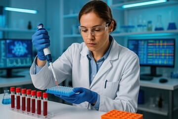 Bioinformatics advances genomics for personalized medicine solutions. A scientist in a lab coat and gloves conducts blood sample testing using a pipette in a modern laboratory setting.