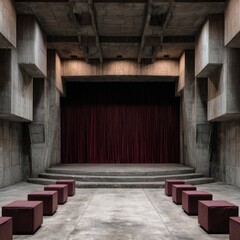 Fototapeta premium Minimalist concrete auditorium with a maroon curtain, tiered stage, and square seating