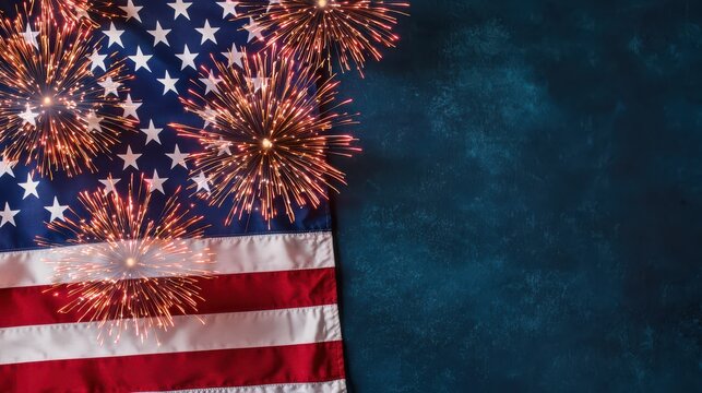 American flag with vibrant fireworks exploding in the sky, symbolizing celebration and patriotism.