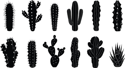 Silhouette collection of various cactus and succulent plants, desert botanical illustration, black and white cactus clipart, isolated vector cactus icons for design