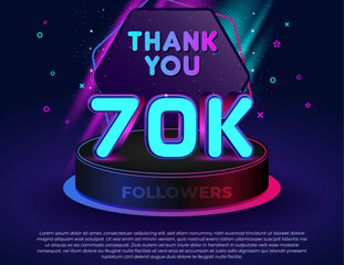 Thank you! 70K followers celebration banner with neon glow 3D text effect, colorful lights, modern podium stage, and editable vector design for social media milestones.
