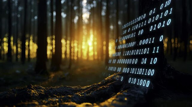 Digital code glows tree trunk serene forest sunrise, blending technology and nature as binary code and sunlight illuminate roots, symbolizing innovation, digital connection, and environmental harmony