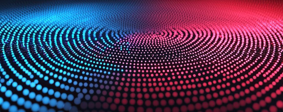 A digital wave pattern consisting of glowing blue and red dots forming concentric circles on a dark background.