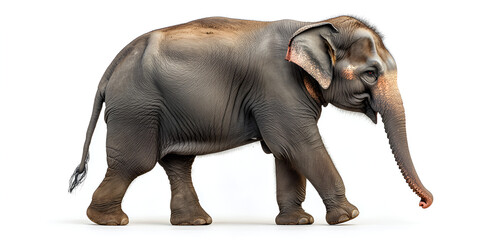Obraz premium An Asian elephant walks to the right, its trunk extended, against a clean white background.
