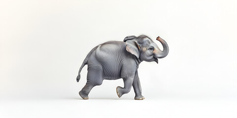A young Asian elephant strides across a minimalist white background.