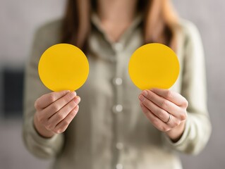 A person holds two yellow circular paper cutouts in both hands, focusing on the shapes against a blurred background.