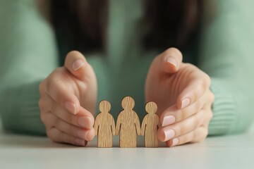 Hands gently protecting wooden cutout figures of a family, symbolizing care, safety, and support.